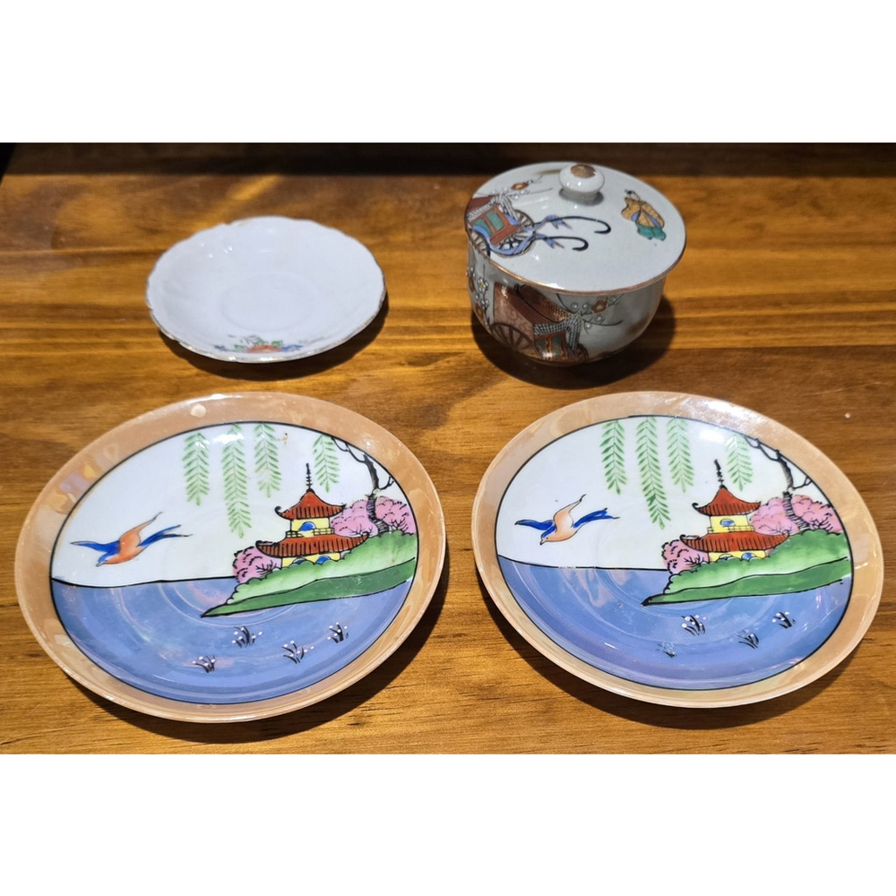 Vintage Japanese Eggshell Porcelain Tea Set Pagoda Lusterware Made in Japan Lot